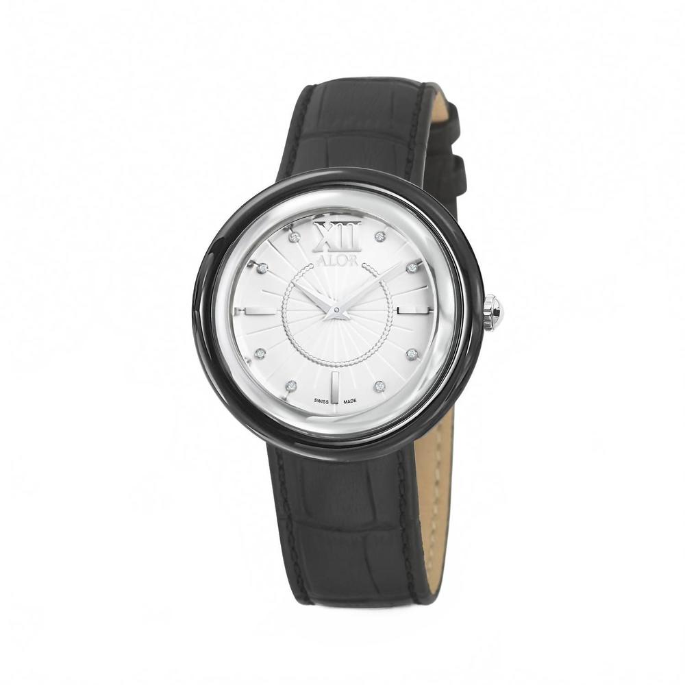 NEW ALOR 0.04 cts leather strap diamond watch in black